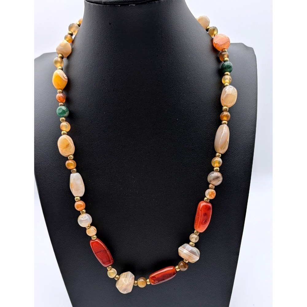 Vintage Agate Stone Bead Necklace Made in India Carnelian Amber Earth Tones 22"